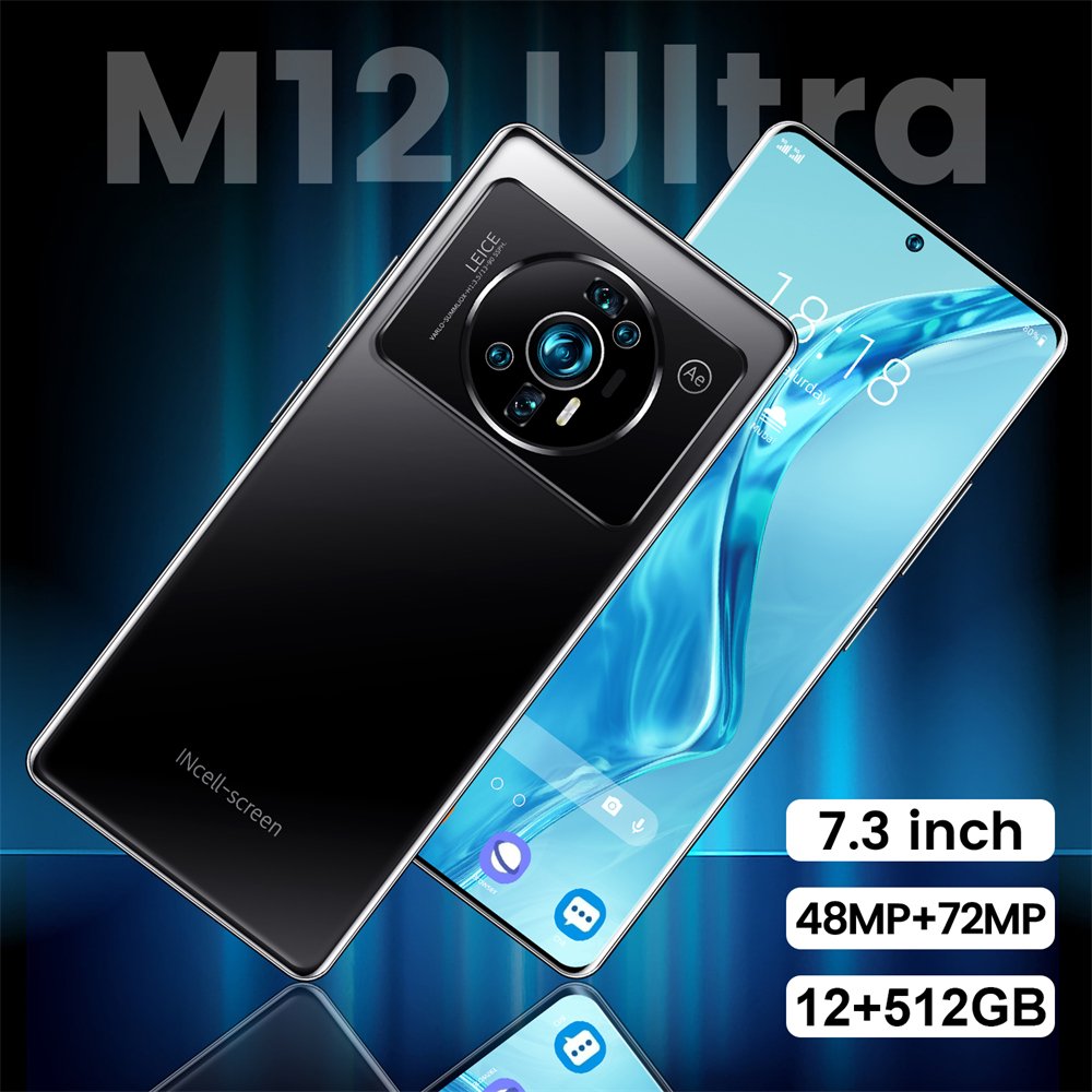 7.3 inch large screen online gaming video smartphone M12 12+512 large memory Android cross-border mobile phone for foreign trade